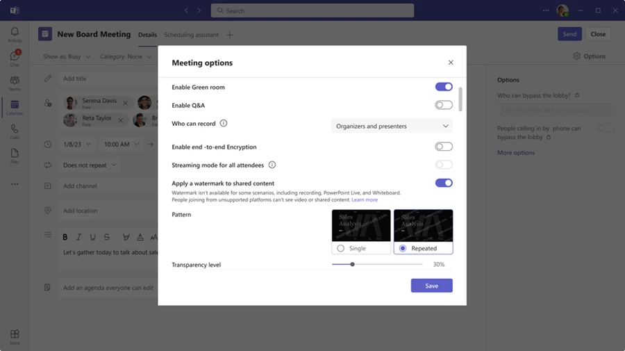 Screen within the Microsoft Teams App showing the settings box for meeting options. Within the settings box the ability to apply a watermark to shared content in either a single or repeated pattern is shown.