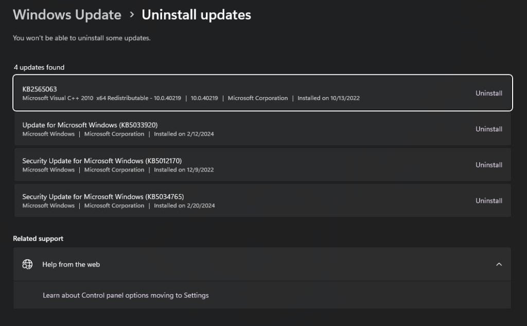 windows uninstall microsoft update kb5035853